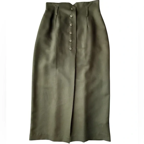 Vintage 90s Olive Green Button Front Midi Skirt High Waist Tailored Minimalist - Picture 5 of 15